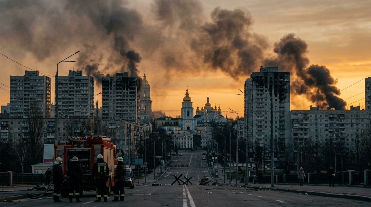 Kyiv skyline covered in black smoke after a devastating missile attack in 2026